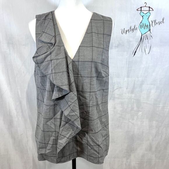 Banana Republic gray checkered ruffle top size large - Picture 2 of 6